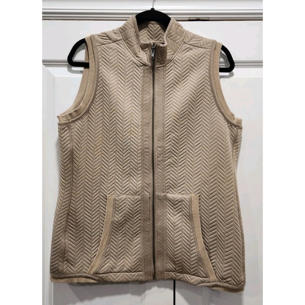 Baccini Women Vest Beige Khaki Tan Herringbone Weave Front Zipper Size Large